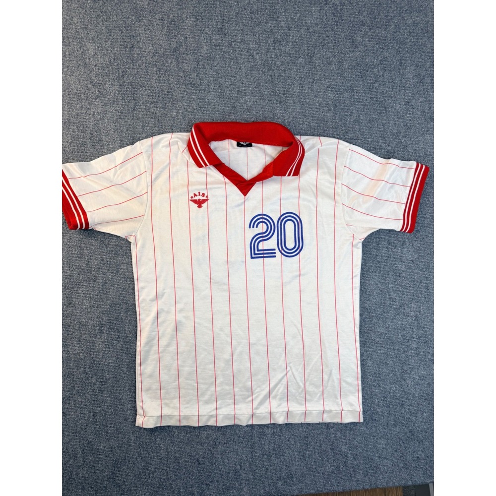 Vintage AIS Jersey Mens Large White Red Pinstripe Number 20 Graphic V-Neck Shirt